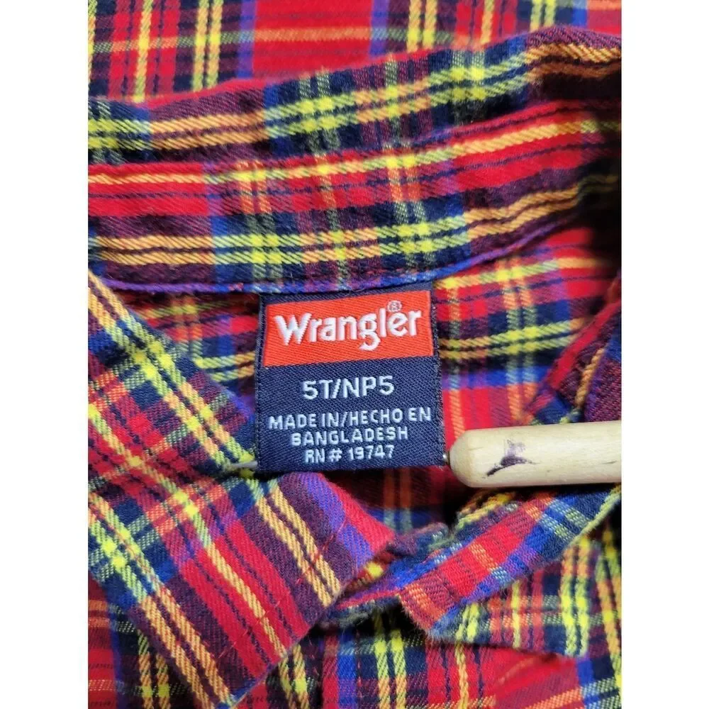 Wrangler Flannel Kids' Red Plaid Button-Up Shirt Boys Toddler Size 5T